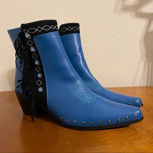 Blue Cowboy Boot Style Heeled Boots with Fringe